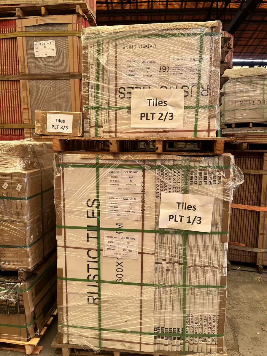 Neutral export cartons palletised for a trial container